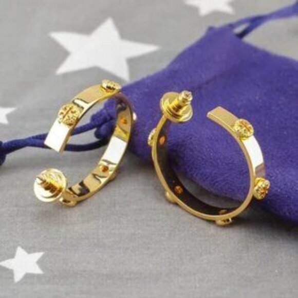 Tory Burch Milgrain Studded Hoop Earrings in Gold - Picture 4 of 5